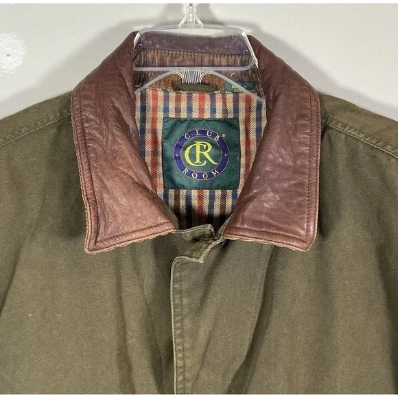 Club Room Chore Jacket Men Medium Olive Leather Collar Plaid Lined Utility Coat